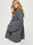 side view of model wearing Princess Polly Paisleigh Cable Knit Cardigan Charcoal Long 