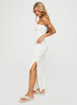 side view of model wearing Princess Polly Cazwell Maxi Dress Cream Sweetheart Neckline 