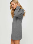 side view of model wearing Princess Polly Sherwick Sweater Mini Dress Grey Crew Neck 