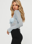 side view of model wearing Princess Polly Tasia Long Sleeve Bodysuit Blue Full Sleeves Sweetheart 