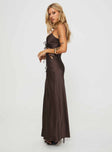 Front view of model wearing  front Princess Polly Plunger Plunger High Neck  About A Girl Maxi Dress Chocolate