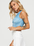 side view of model wearing Princess Polly Brinstead One Shoulder Top Blue Sleeveless Asymmetric Neckline 