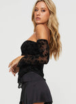 side view of model wearing Princess Polly Benton Off The Shoulder Top Black Full Sleeves Sweetheart 