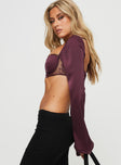 side view of model wearing Princess Polly Passionate Micro Crop Top Purple Full Sleeves Sweetheart 