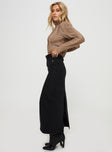   side view of model wearing Princess Polly Whessler Split Back Denim Midi Skirt Black Midi Skirts 