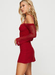 side view of model wearing Princess Polly Edmone Long Sleeve Mini Dress Red Scoop Neck 