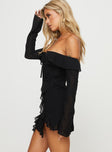 side view of model wearing Princess Polly Mollins Long Sleeve Mini Dress Black Straight Neck 