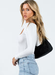 side view of model wearing Princess Polly Ballard Long Sleeve Bodysuit White Full Sleeves Scoop Neck 