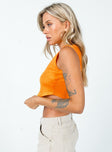 side view of model wearing Princess Polly The Ragged Priest Ignite Vest Orange / Yellow Sleeveless High Neck 