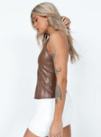 side view of model wearing Princess Polly Zentia PU Top Brown Sleeveless Plunger 