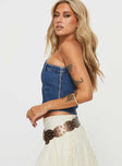 side view of model wearing Princess Polly Malita One Shoulder Top Denim Sleeveless Asymmetric Neckline 