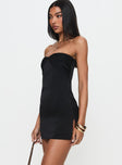 side view of model wearing Princess Polly Irena Strapless Mini Dress Black Sweetheart Neckline 