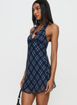 side view of model wearing Princess Polly Laraline Halter Mini Dress Navy Check Plunger 