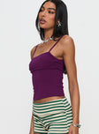 side view of model wearing Princess Polly Race My Mind Top Purple Sleeveless Square Neck 