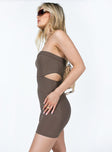 side view of model wearing Princess Polly Alaska Strapless Mini Dress Brown 