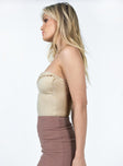 side view of model wearing Princess Polly Jaynee Strapless Bodysuit Beige Sleeveless Sweetheart 