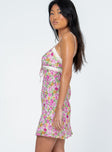 side view of model wearing Princess Polly Emilee Mini Dress Pink Floral Sweetheart Neckline 