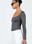 back view of model wearing Princess Polly Ellery Bodysuit Grey Full Sleeves Square Neck 