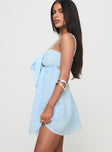 side view of model wearing Princess Polly Granno Mini Dress Light Blue Sweetheart Neckline 