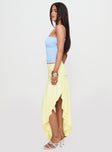   side view of model wearing Princess Polly Symphonia Asymmetrical Midi Skirt Butter Yellow Midi Skirts 