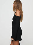 side view of model wearing Princess Polly Holveck Off The Shoulder Mini Dress Black Asymmetric Neckline 