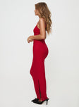 side view of model wearing Princess Polly Apolline Maxi Dress Red Square Neck 