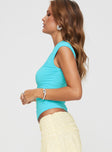 side view of model wearing Princess Polly Las Vegas Top Blue Sleeveless Crew Neck 