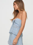 side view of model wearing Princess Polly Rosenberg Strapless Top Blue Sleeveless Sweetheart 