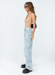 side view of model wearing Princess Polly Miami Vice Pants Denim Blue Mid Rise 