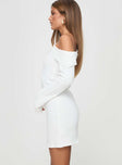 side view of model wearing Princess Polly Holveck Off The Shoulder Mini Dress White Asymmetric Neckline 