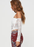 side view of model wearing Princess Polly Float Lace Top White Full Sleeves Square Neck 