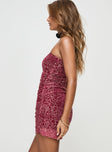 side view of model wearing Princess Polly Capucine Strapless Mini Dress Red Floral Straight Neck 