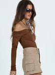 side view of model wearing Princess Polly Randee Long Sleeve Bodysuit Brown Full Sleeves straight 