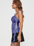 side view of model wearing Princess Polly Edgar Top Purple Sleeveless Cowl 