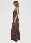 side view of model wearing Princess Polly Nellie Maxi Dress Brown Polka Dot V-Neck 