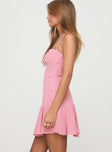 side view of model wearing Princess Polly Delamere Mini Dress Pink Square Neck 