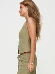 side view of model wearing Princess Polly Zenda Linen Blend Top Olive Sleeveless Square Neck 