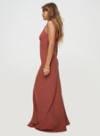 side view of model wearing Princess Polly Verde Linen Blend Maxi Dress Burnt Rust V-Neck 