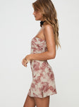 side view of model wearing Princess Polly Irena Strapless Mini Dress Rose Floral Sweetheart Neckline 