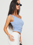 back view of model wearing Princess Polly Messenger One Shoulder Top Blue Sleeveless Asymmetric Neckline 