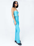 side view of model wearing Princess Polly Mid Way Laced Flare Pants Blue 