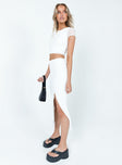   side view of model wearing Princess Polly Erika Midi Skirt White Midi Skirts 