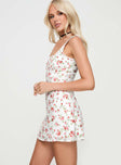 side view of model wearing Princess Polly Dasha Mini Dress White Floral Square Neck 