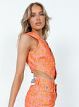 side view of model wearing Princess Polly The Ragged Priest Dummy Waistcoat Orange Sleeveless V-Neck 