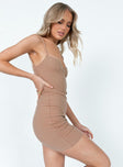 side view of model wearing Princess Polly Olga Mini Dress Beige Sweetheart Neckline 