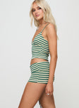 Front view of model wearing  front Miztaray Shorts Green / Cream Stripe Princess Polly High Waisted Shorts 