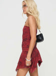 side view of model wearing Princess Polly Adonis Mini Dress Red Floral Straight Neck 