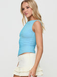 side view of model wearing Princess Polly Wonderful World Top Blue Sleeveless Boat Neck 