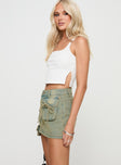   side view of model wearing Princess Polly Infinite Love Cargo Mini Skirt Washed Denim Mini Skirts 