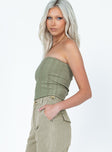 side view of model wearing Princess Polly Belle Knit Strapless Top Khaki Sleeveless Square Neck 